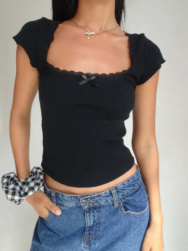 Vintage Lace Trim Baby Tee Square Neck Crop Top Cottage Style Women