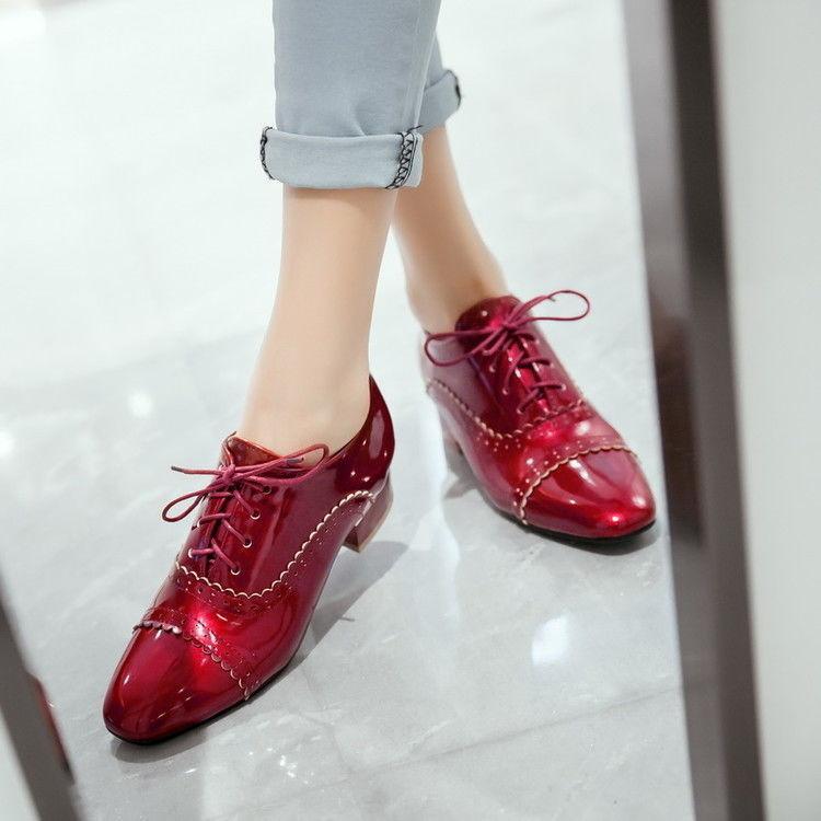 Women Sweet Pointy Toe Shoes Patent Leather Pumps Mary Jane Chunky Heel US4-US12