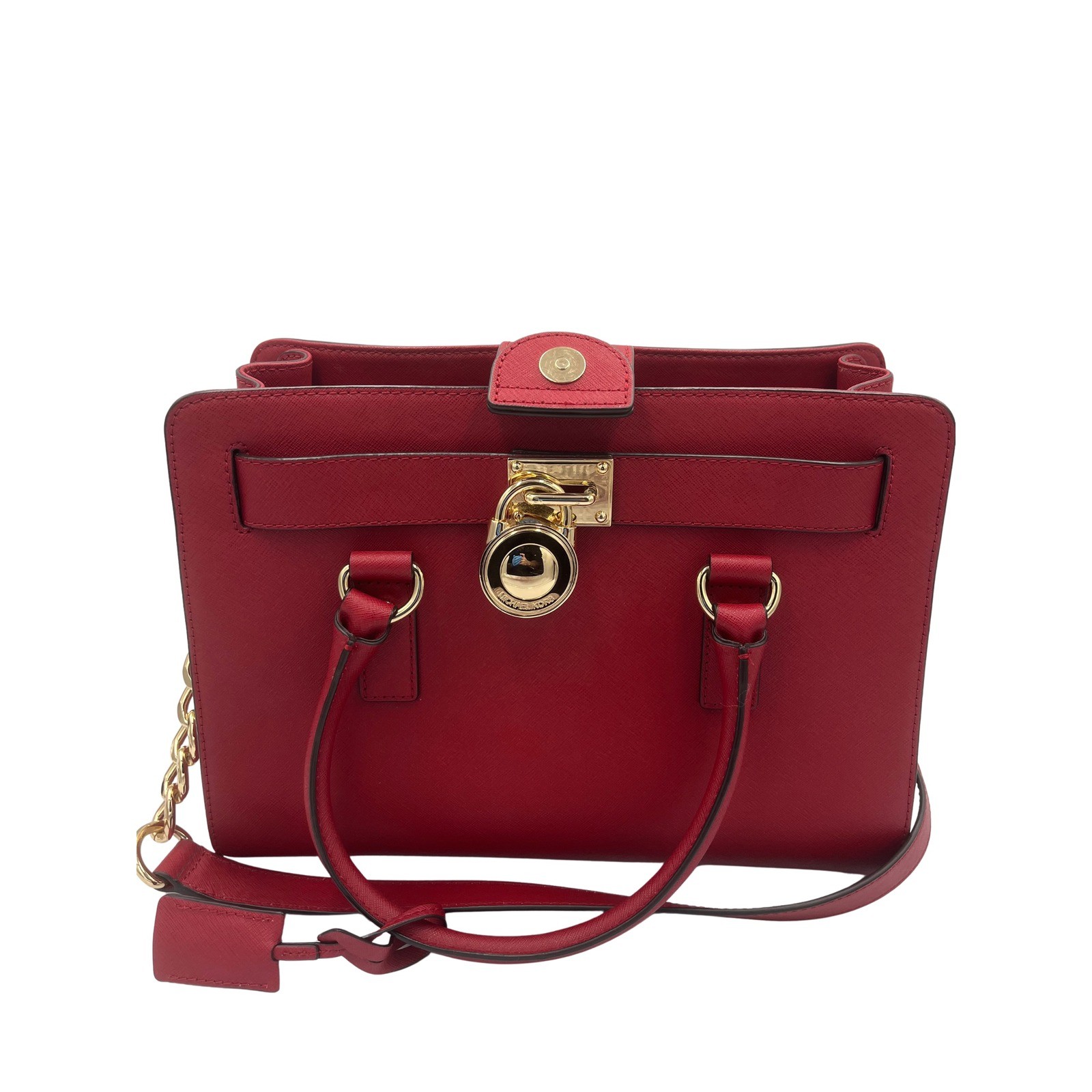 Michael Kors Hamilton Satchl Red Saffiano Leathr Gold Lock Handbag Medium 1TVUYL