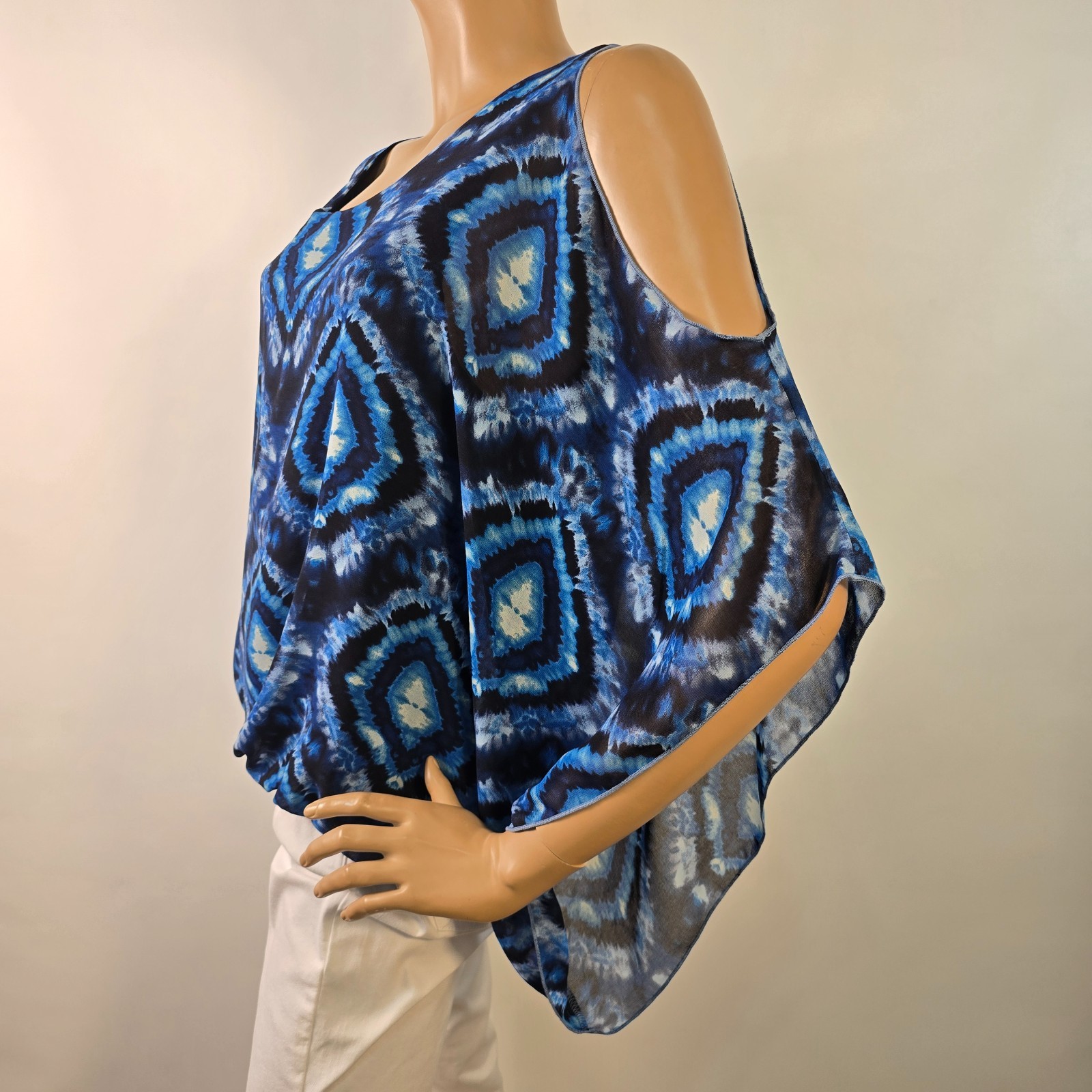 Karen Kane Cold Shoulder Scarf Blouson Top Ikat Style Tie-Dye Size L Made In USA