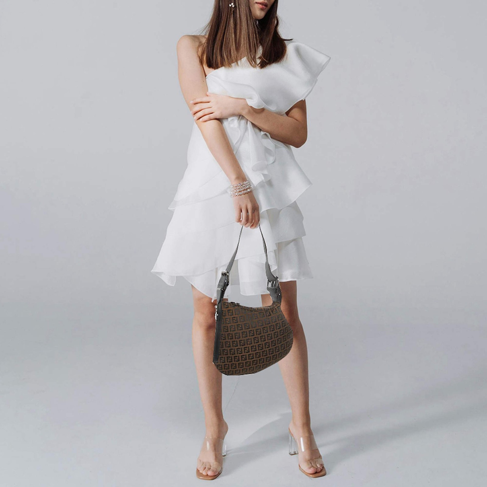 Fendi Oyster BrownBlack Zucchino Canvas Hobo