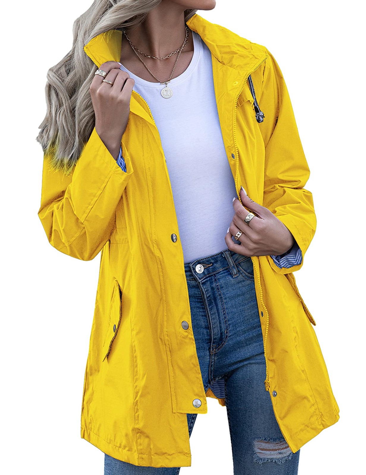 Casual Outdoor Rain Jackets Long Rainwear Jacket (Yellow, L)