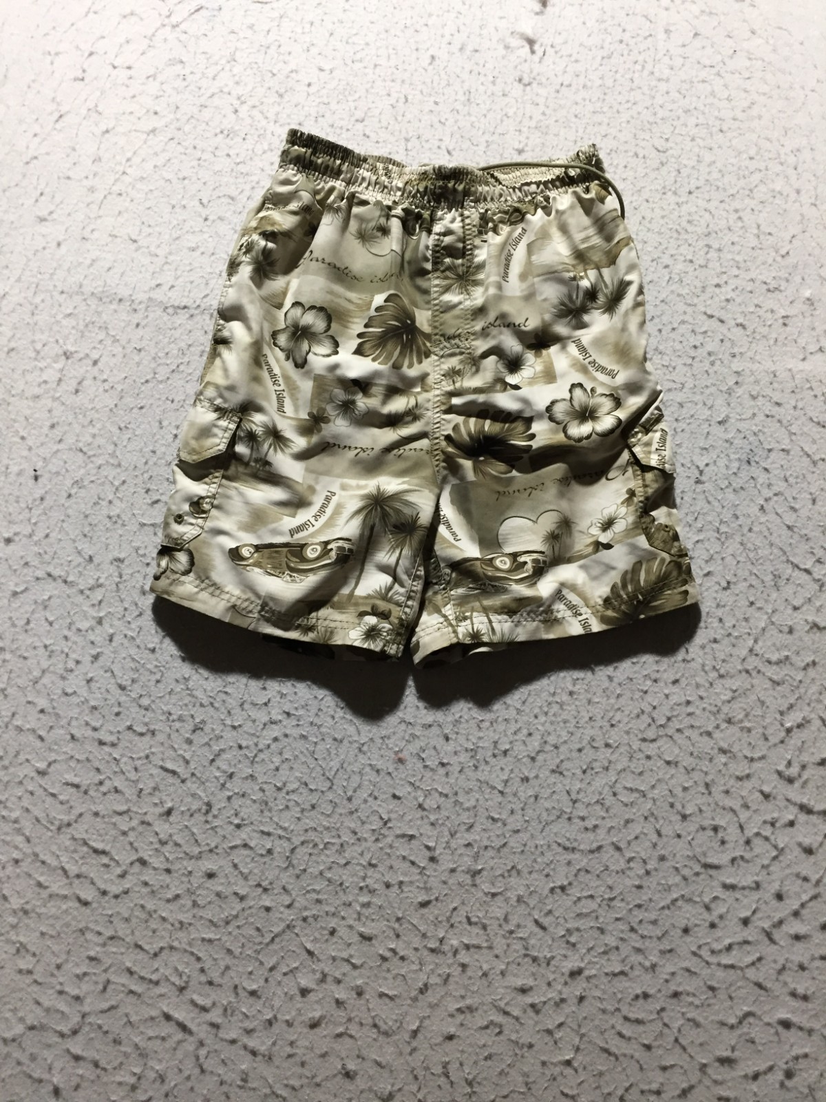 Sand N Sun Swim Trunks Mens M Medium Beige Flowers Trucks Elastic Drawstring