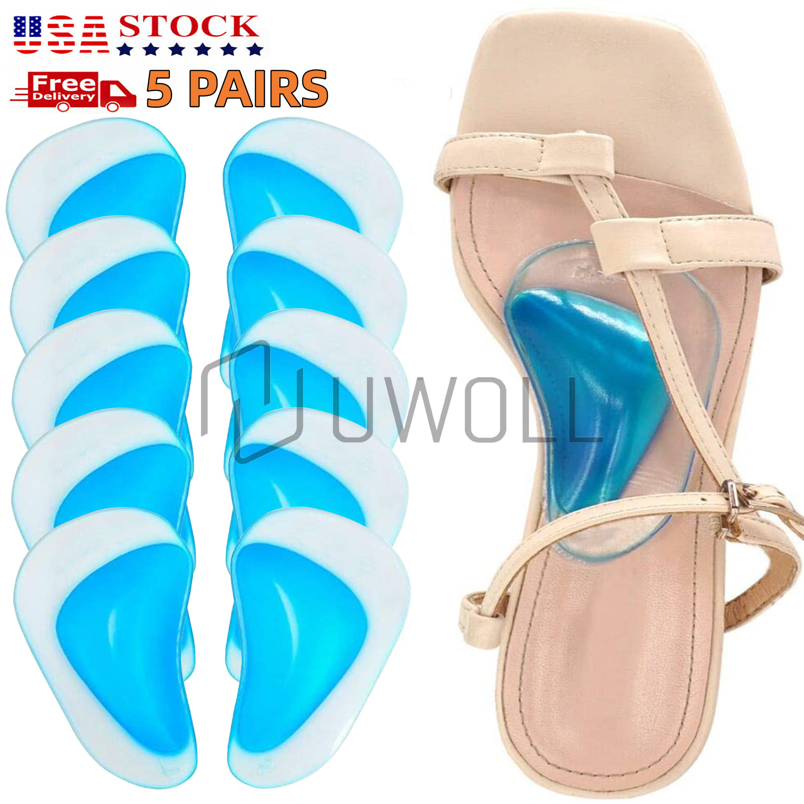 5 Pair Arch Support Shoe Insoles Plantar Fasciitis Gel Sticky Reusable Cushionss