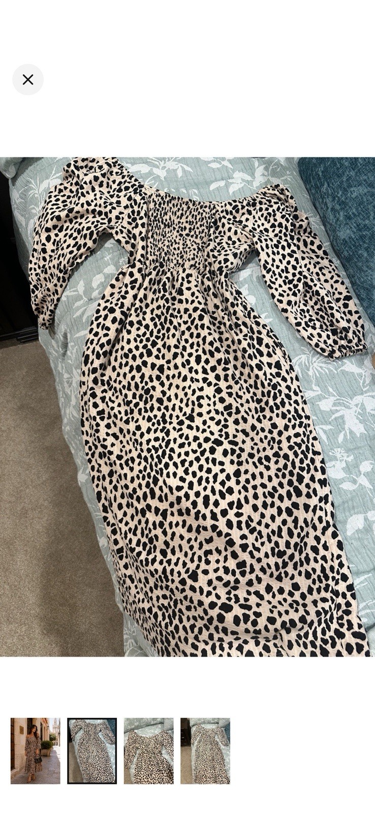 Womens S Beige Black Leopard Midi Dress Off Shoulder Smocked Long Puff Sleeve