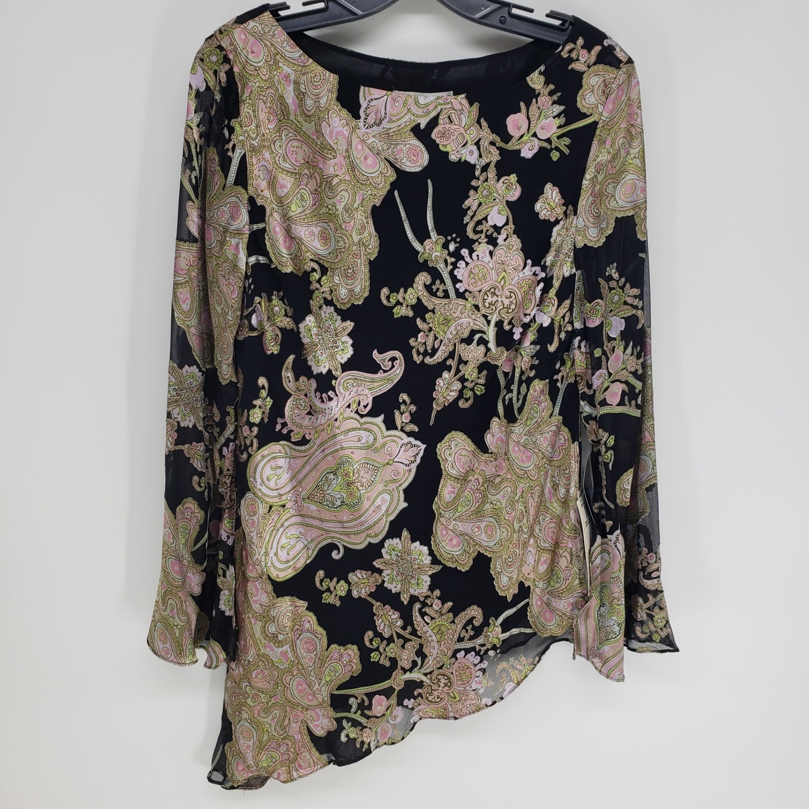 Y2K Papell Boutique Paisley Asymmetrical Blouse Womens Sz L Black Silk Fairycore