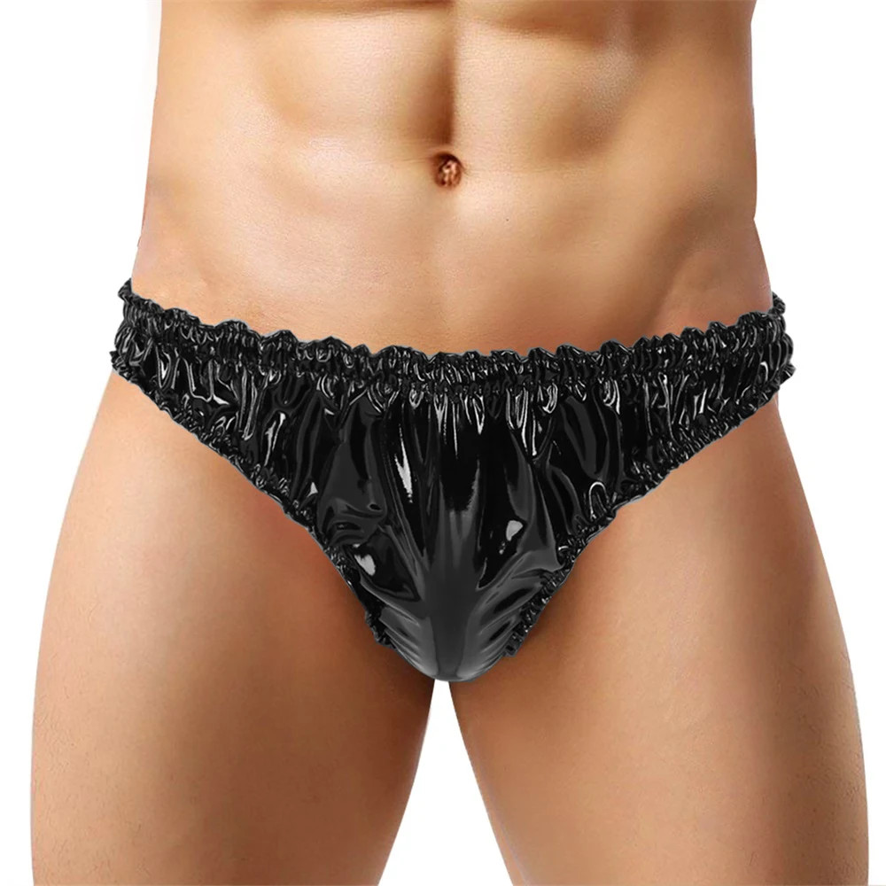 Men PVC Leather Low-Waisted Shiny Brief Belt Elasticated Men Bikini Panties