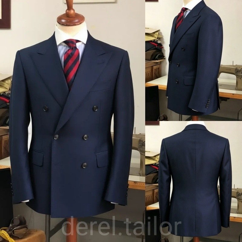 Navy Men’s Suits Peak Lapel Double Breasted Business Formal for Groom Wedding