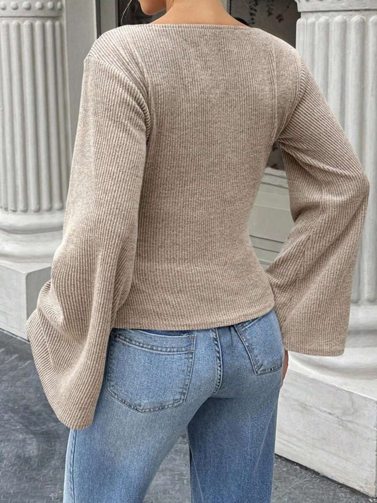 The Pulsar Ribbed & Flared Long Sleeve Top with Ruched Detail