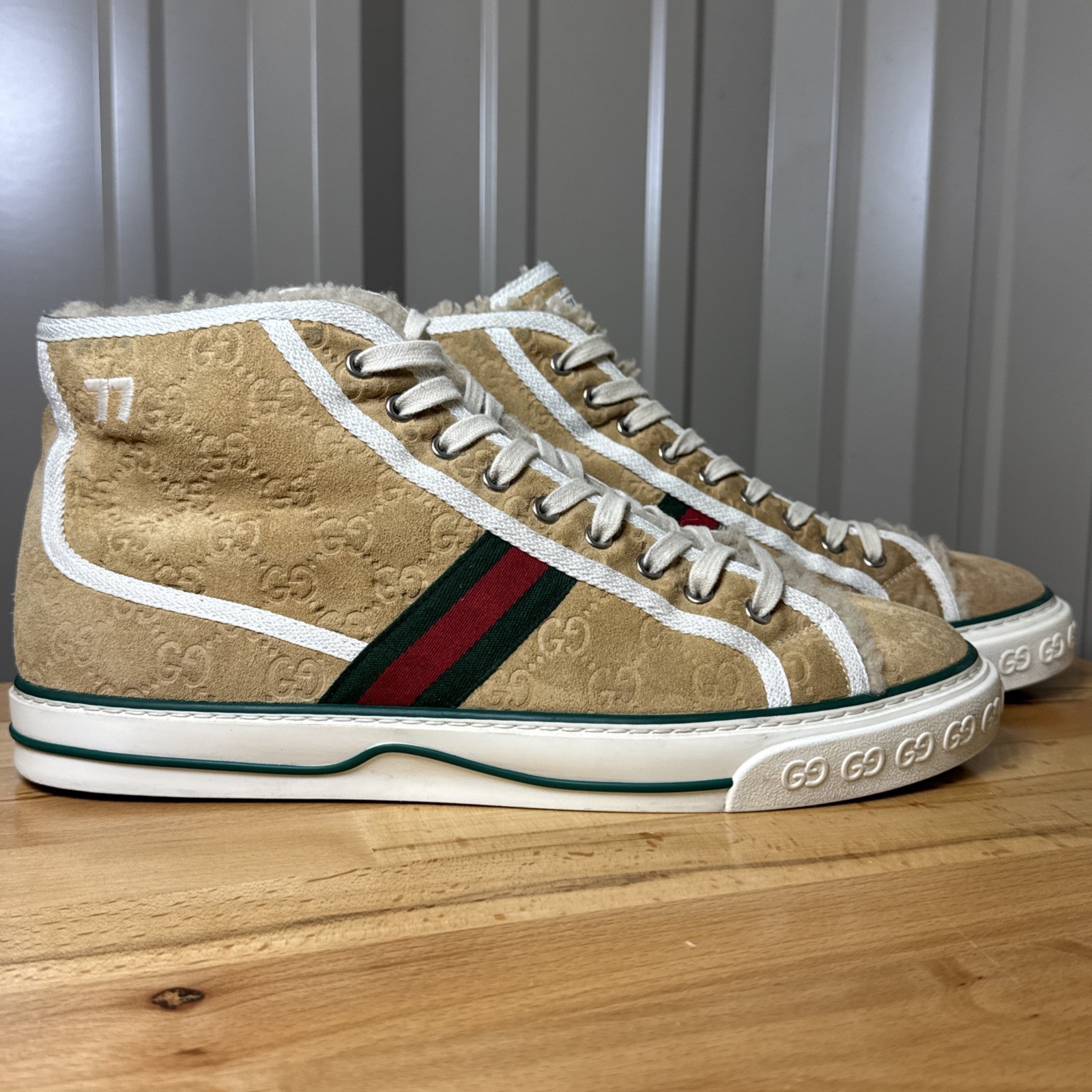 Gucci Tennis 1977 High Top Beige GG Monogram Suede Shearling UK 11 Men’s US 12