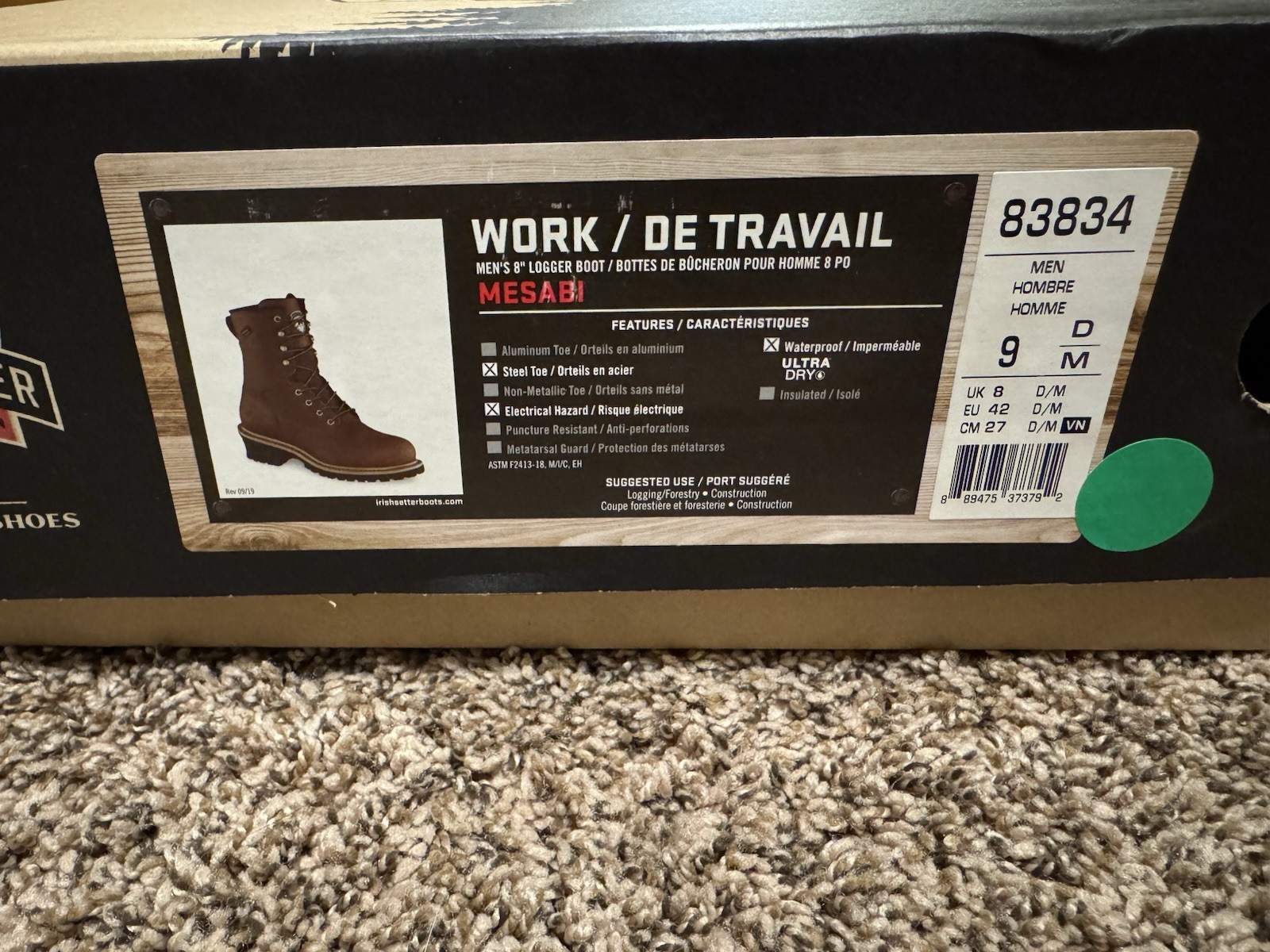 Men’s Irish Setter Mesabi 8” Logger Boots Steel Toe Waterproof Size 9D
