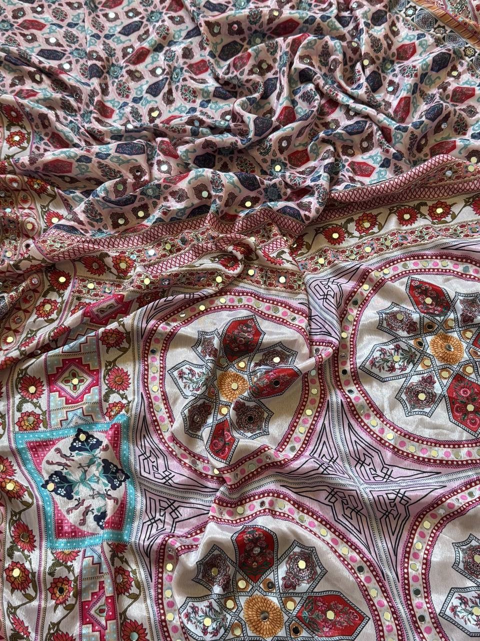 Roman Silk Saree Position Print real Mirror Work Piping Border Pallu latkan