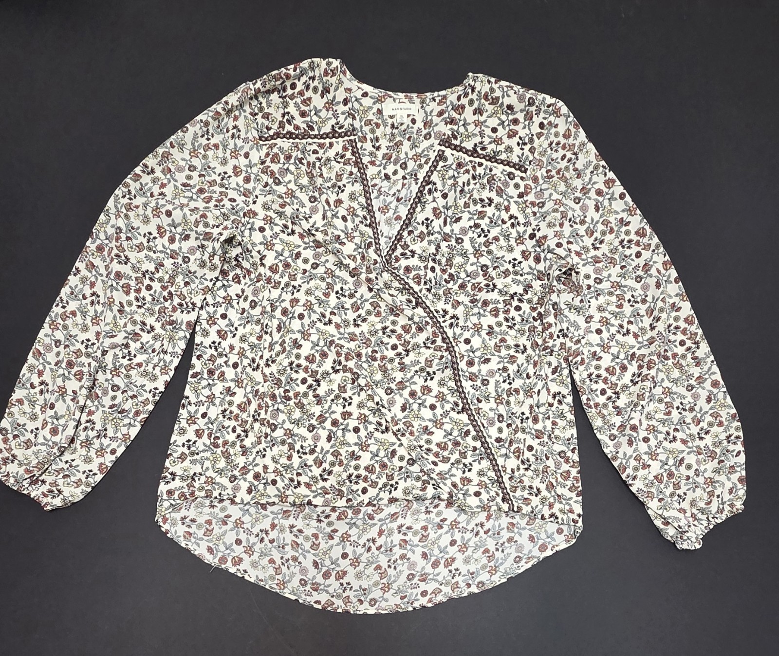Max Studio Cottagecore Floral Wrap Blouse Long Sleeve Hi-Low Flowy Peasant – XL