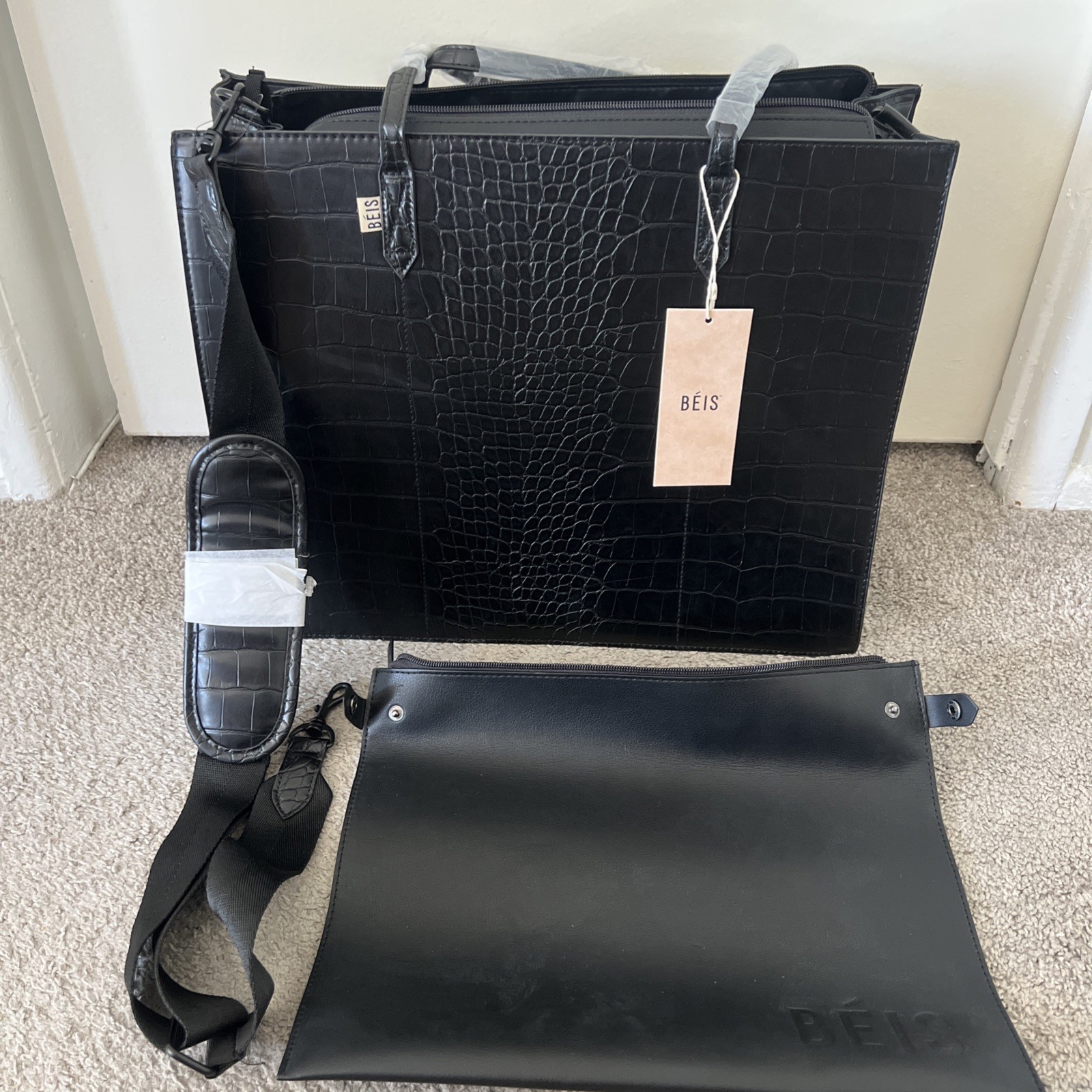 BEIS The Work Tote Large Black Croc Faux Vegan Leather Crosbody Strap Tote Bag