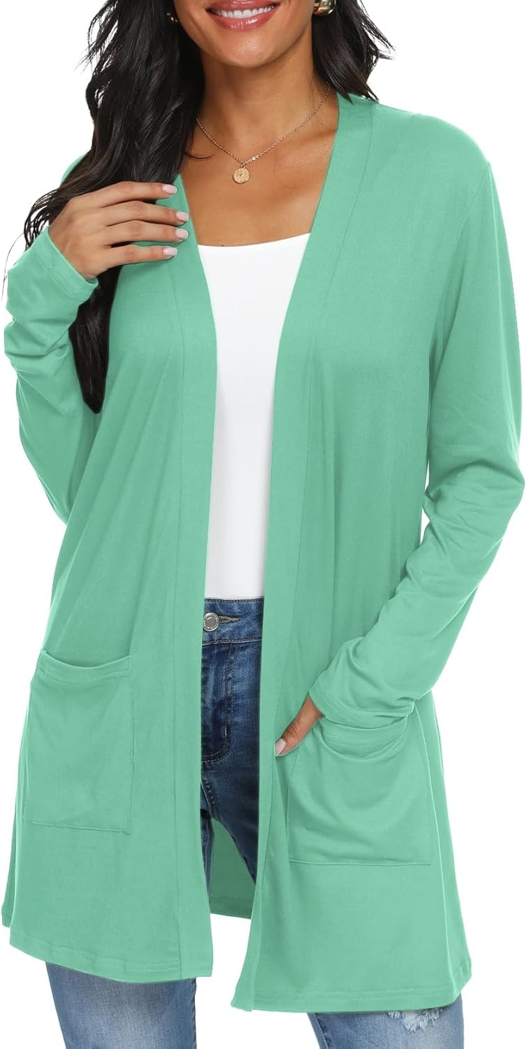 Womens Open Front Long Sleeve Cardigan Lightweight Casual Knit Sweater