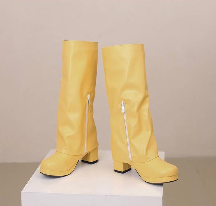 Women’s Block Heel Knee High Boots Knight Shoes Buckle Platform Side Zip Retro