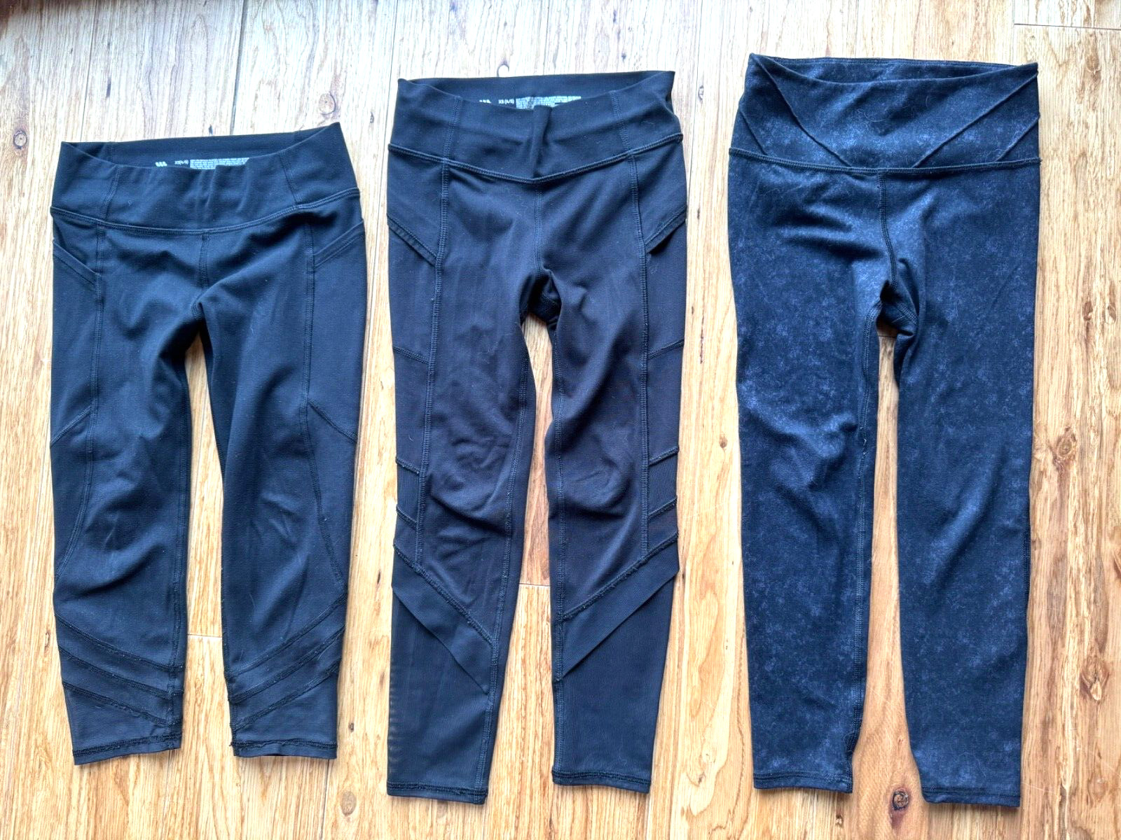 All in Motion 3 pairs black leggings: cropped, solid, & patterned, girls xs 4/5