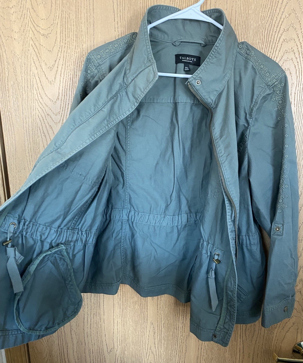 TALBOTS Embroidered Trim Cotton Safari Roll Tab Cinch Jacket Sz 2Xp