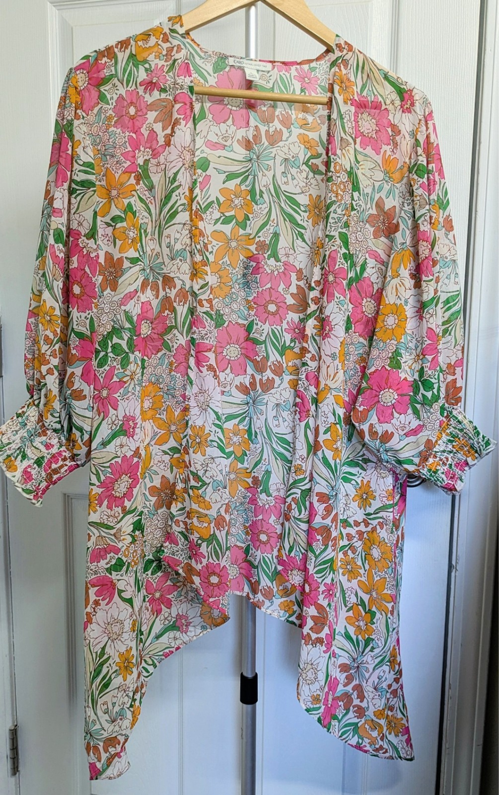 CATO Sheer Waterfall Open Front Cardigan Women Large Multicolor Floral Blouse