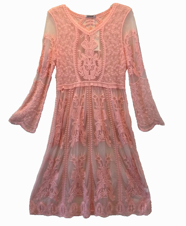 Renjo Long Sleeve Floral Lace Sheer Mesh With Cotton Embroidery Coral Pink
