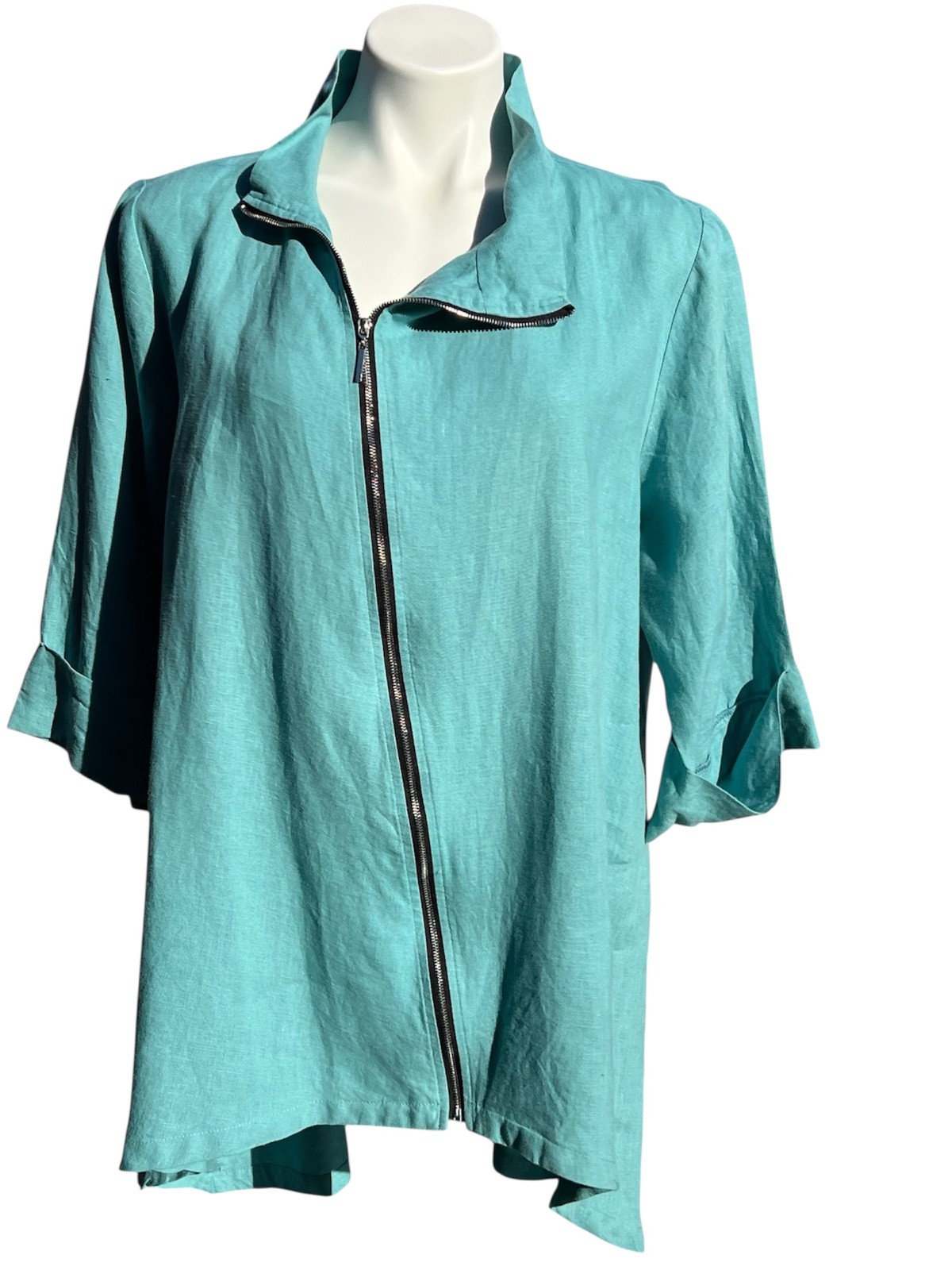 Comfy USA Turquoise Linen Tunic Asymmetrical Zip Front Sz L Jacket 3/4 Sleeve
