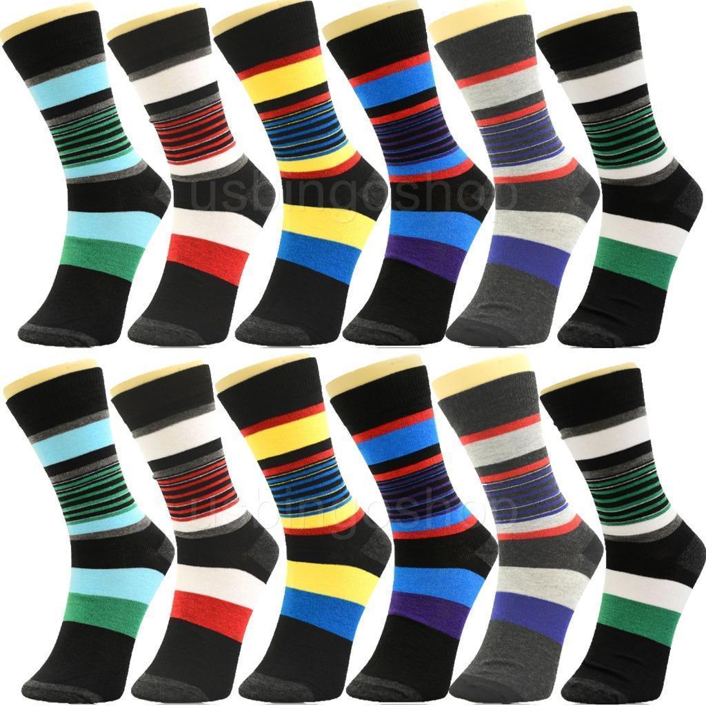 12 Pairs Yst12-3 New Cotton Men Striped Style Dress Socks Size 10-13 Multi Color
