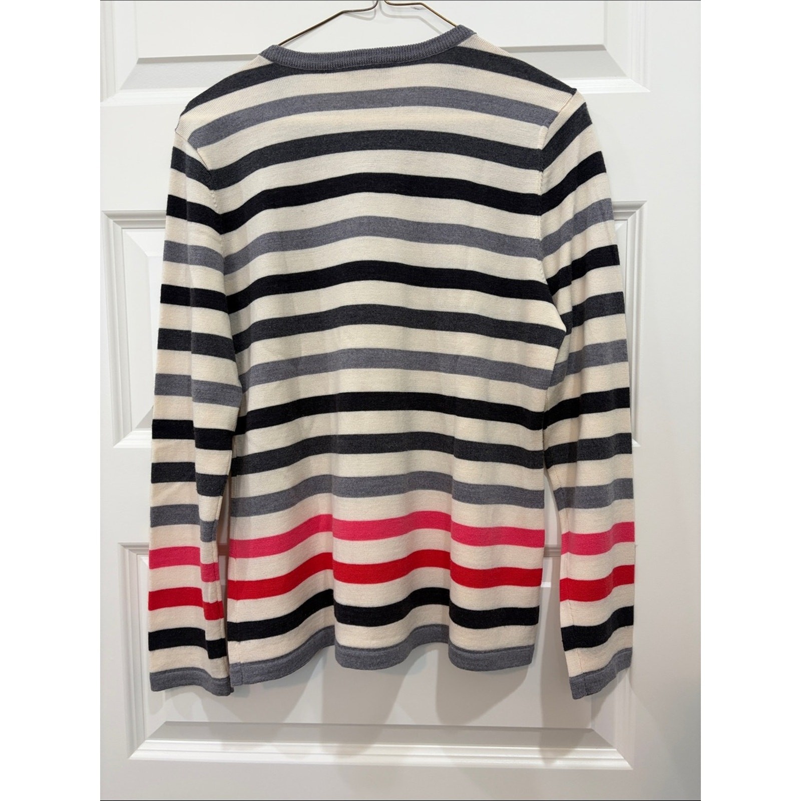 Pendleton Cream, Gray, Black & Pink-Red Striped Crewneck Sweater, Wm Sz L