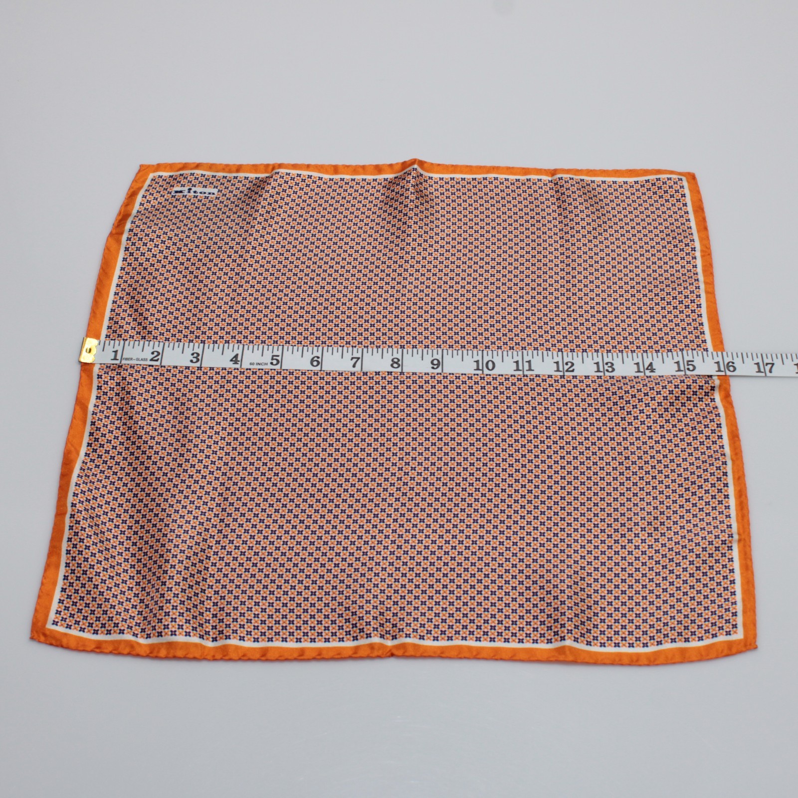 Kiton NWT 100% Silk Pocket Square In Orange & Blue Geometric Print Made in Italy