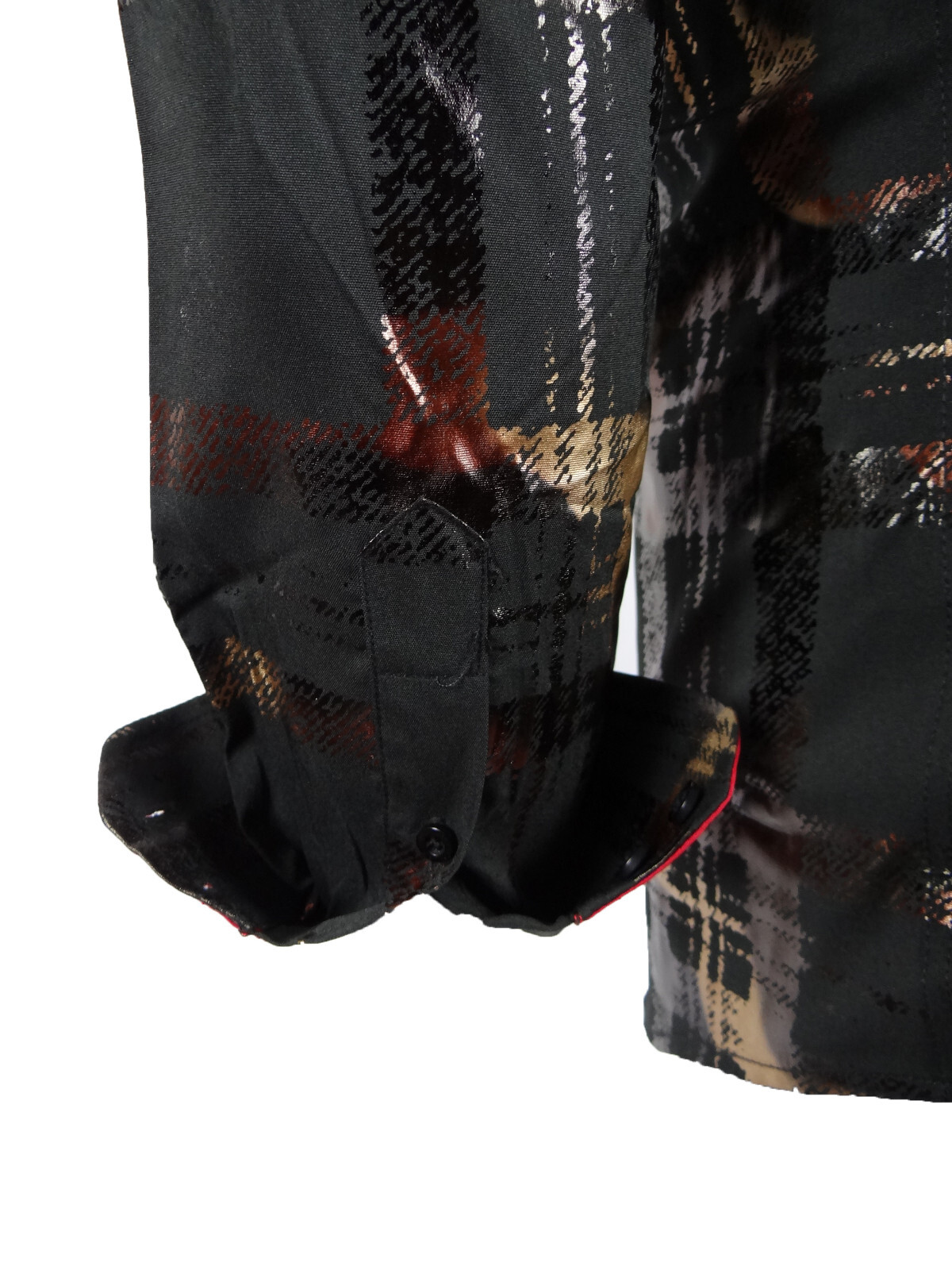 Mens Shirt Designer Plaid Print Bronze Leaf Foil Overlay Stretch Slim Fit Button