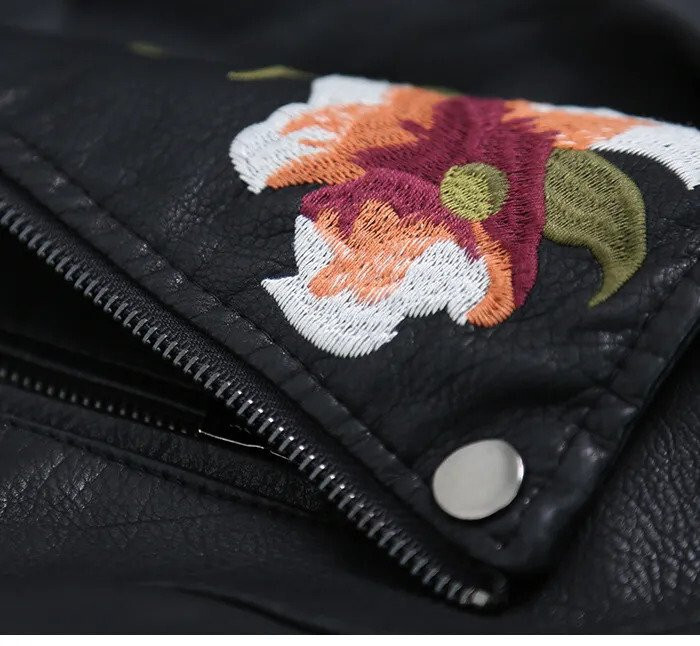 Embroidered Leather Jacket Flowers Embroidery PU Faux Leather