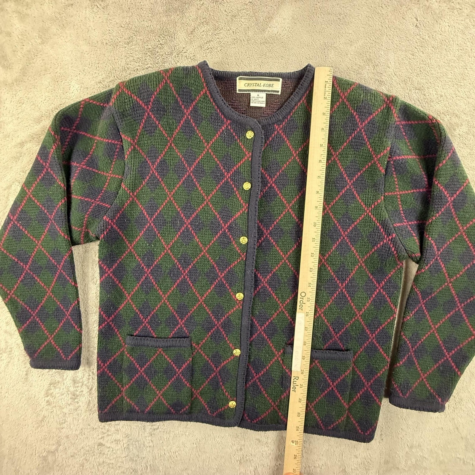 Vintage Crystal Kobe Cardigan Sweater Womens Medium Argyle Pockets Preppy 90s
