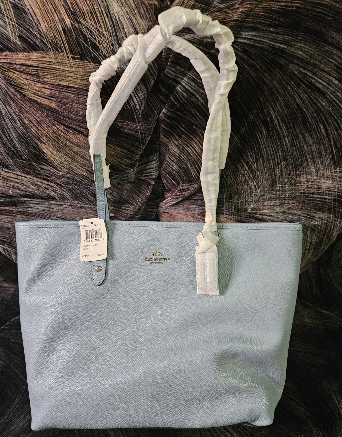 Coach City Zip Tote Large Blue Pebbled Zip Top Silver Hardware Inner Pockets