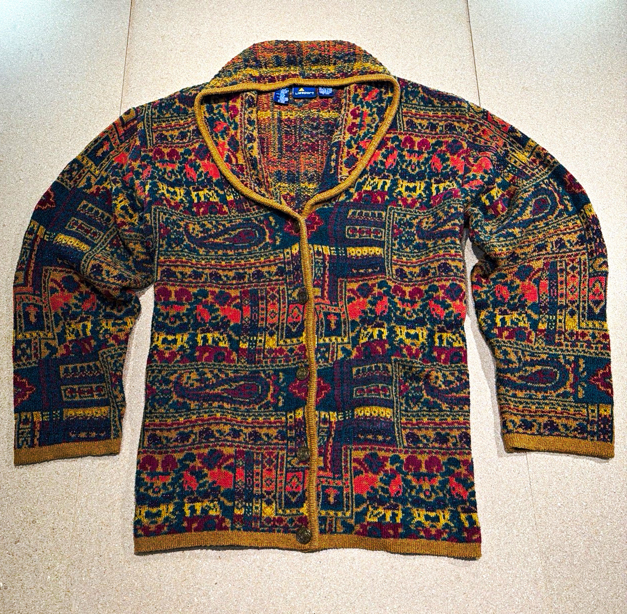 Liz Sport Women’s L Geometric Knit Cardigan Sweater Collared Button Cotton