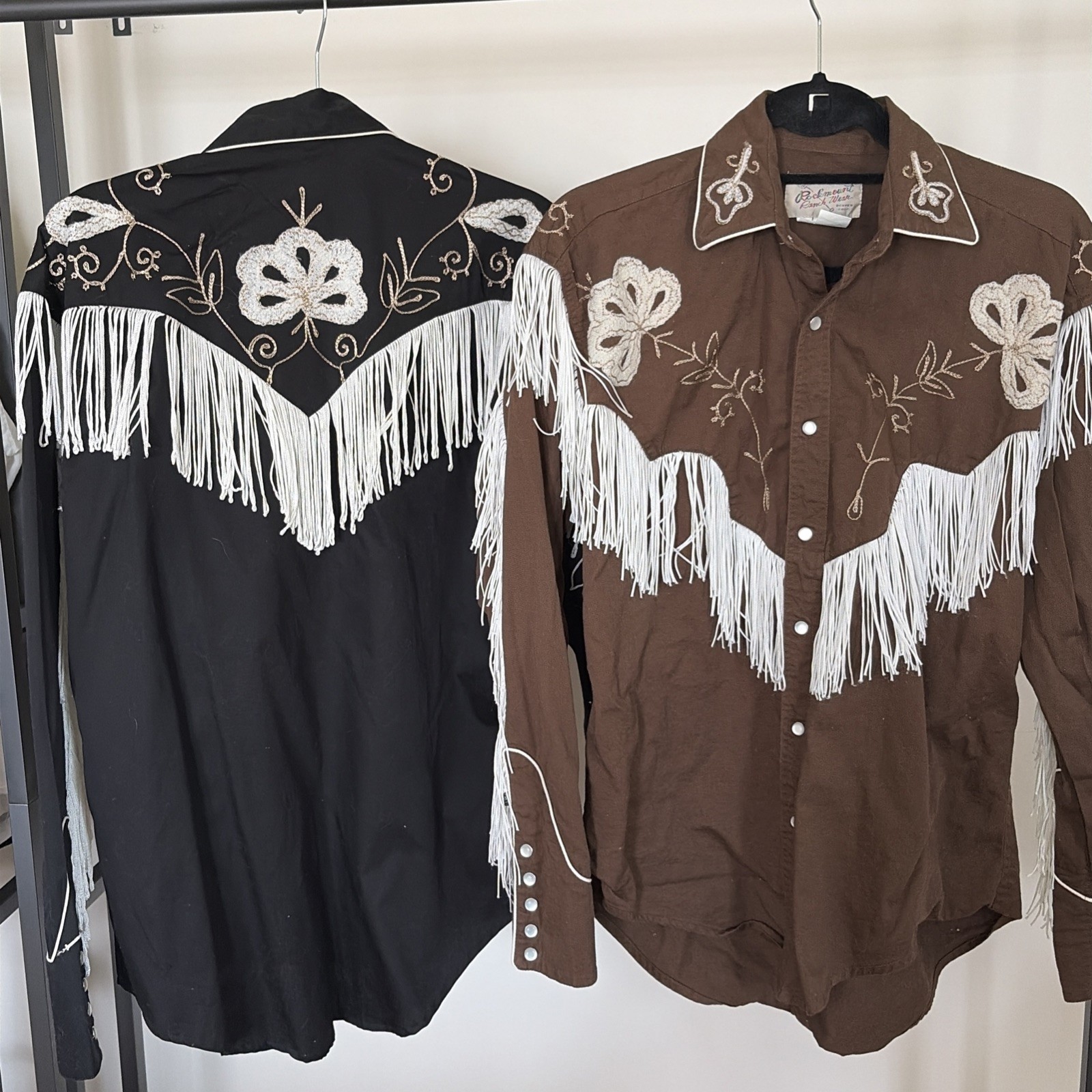 2 Tru-West Rockmount Ranch Wear Brown Black Long Sleeve Snap Fringed Mens Small
