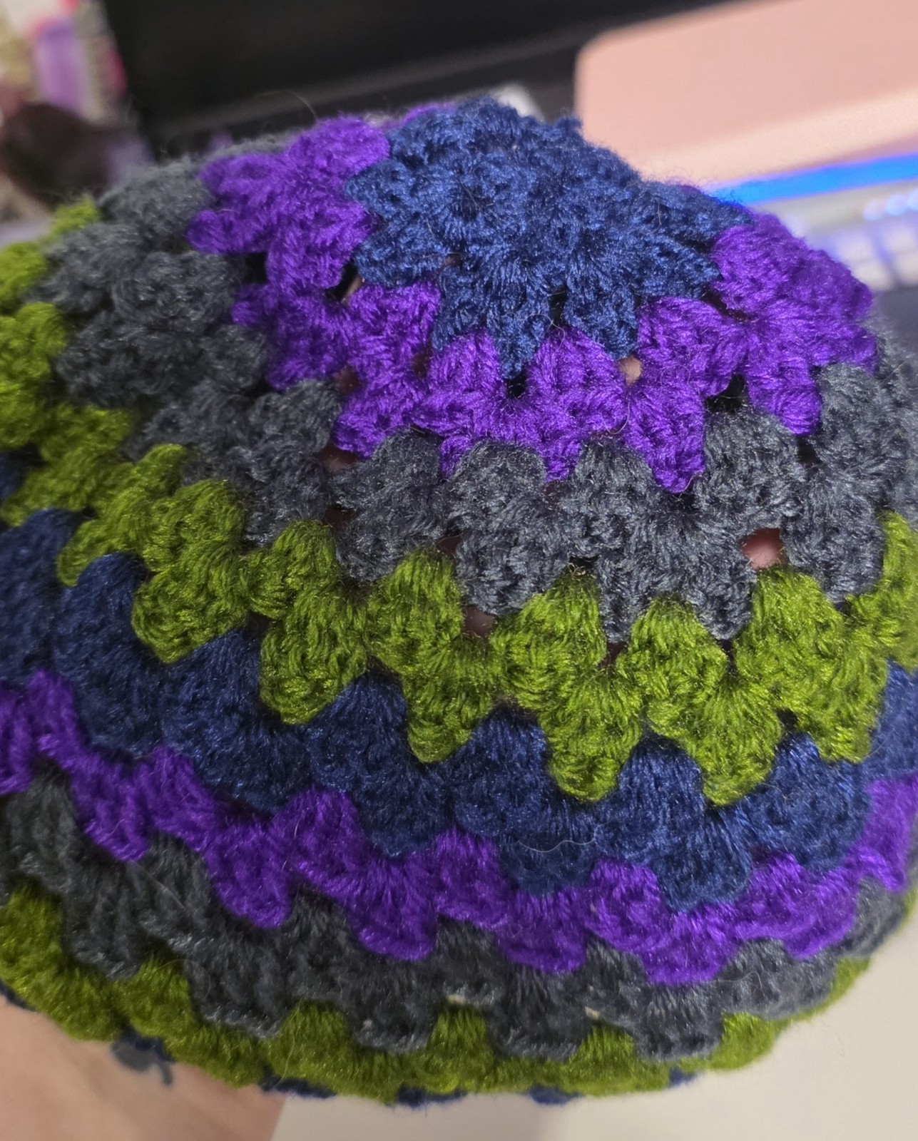 Handmade Crochet Beanie 100% Acrylic Super Soft Hat Blue, Purple, Gray, & Green