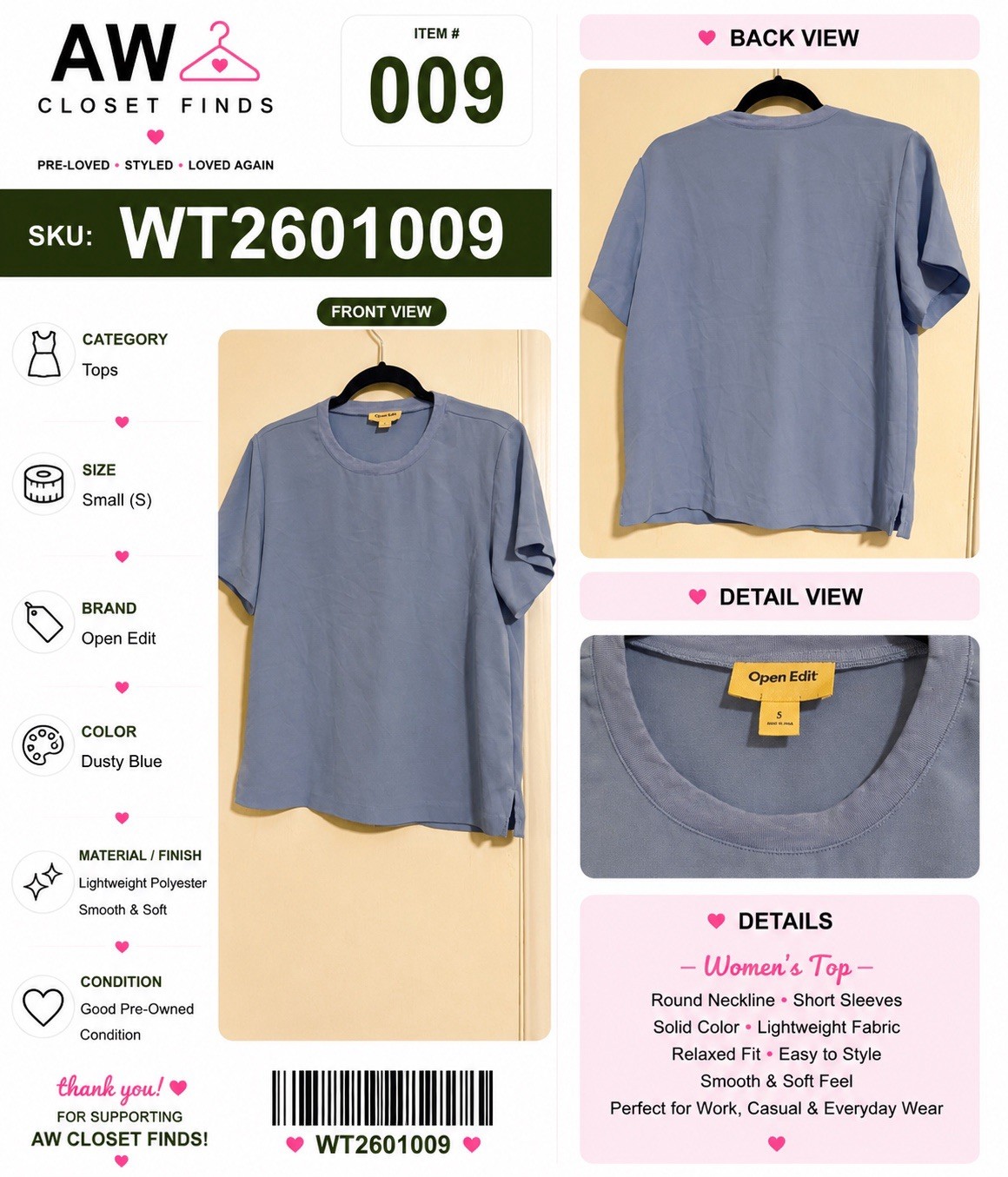 Open Edit Short Sleeve Knit Top Small Blue Minimalist Casual Shirt
