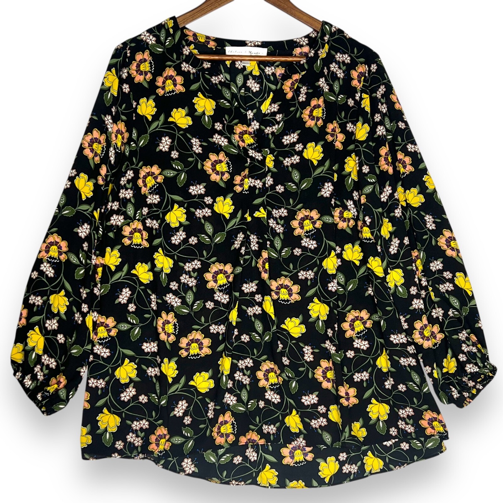 Chelsea & Theodore Floral Blouse Summer Split Neck Long Sleeve Black Yellow 1X