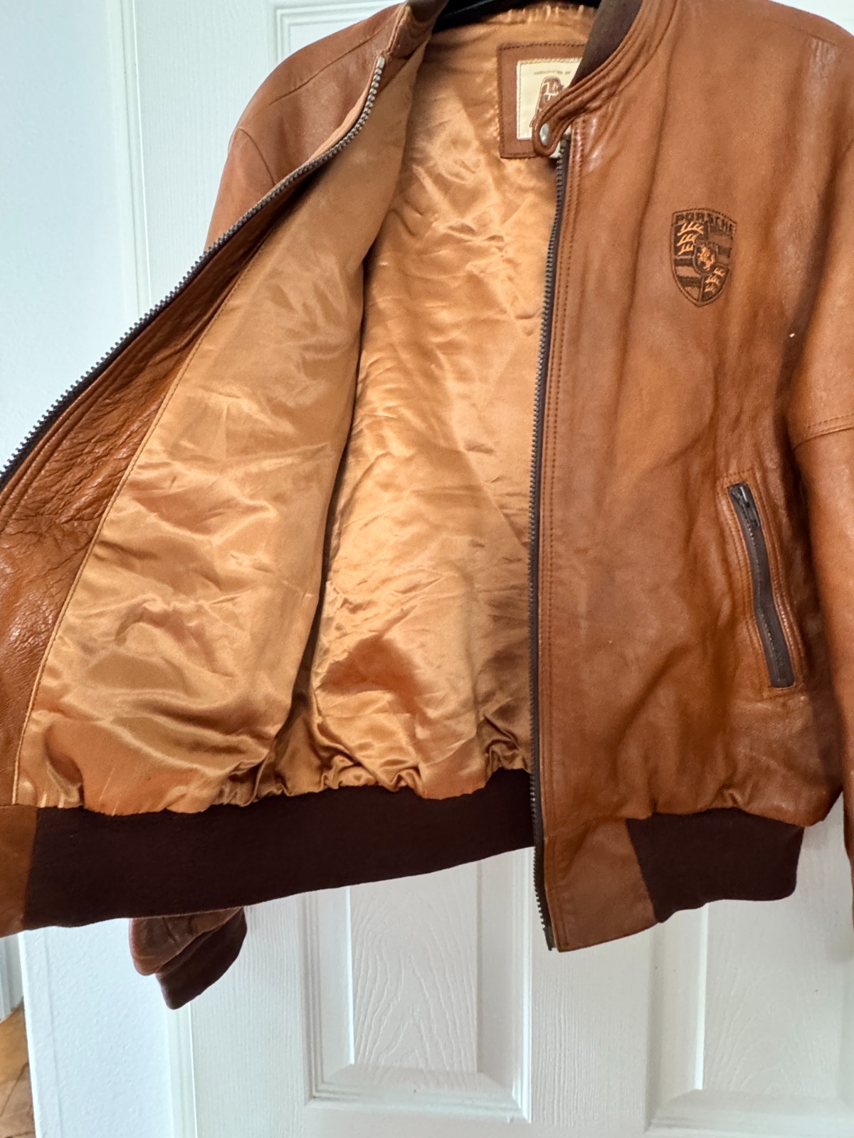 VINTAGE LEATHER PORSCHE JACKET ZIP UP THE LEATHER WORKS CALIFORNIA 21.5″x27.5″