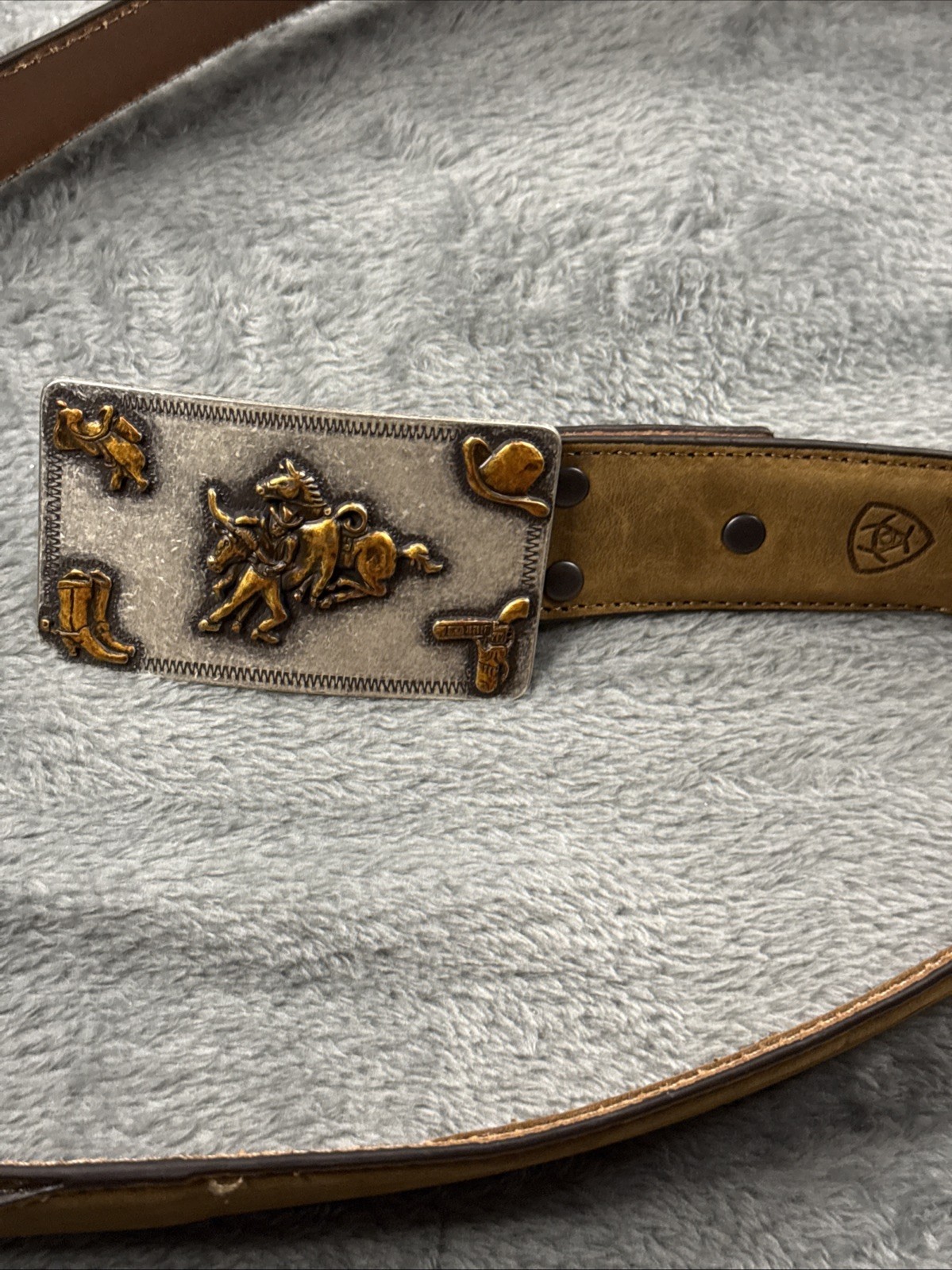 ARIAT Leathe Brown/Tan Embossed Belt w/ Nocona Cowboy Buckle 44”