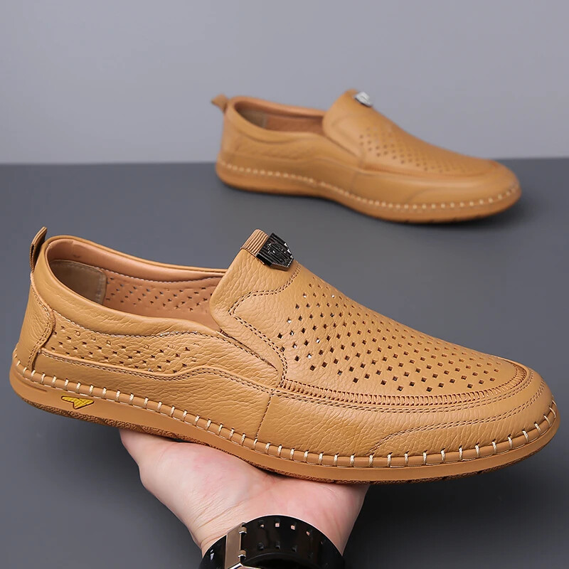 Men’s Casual Breathable Loafer Genuine Leather Moccasin Hollow Out Driving Shoes