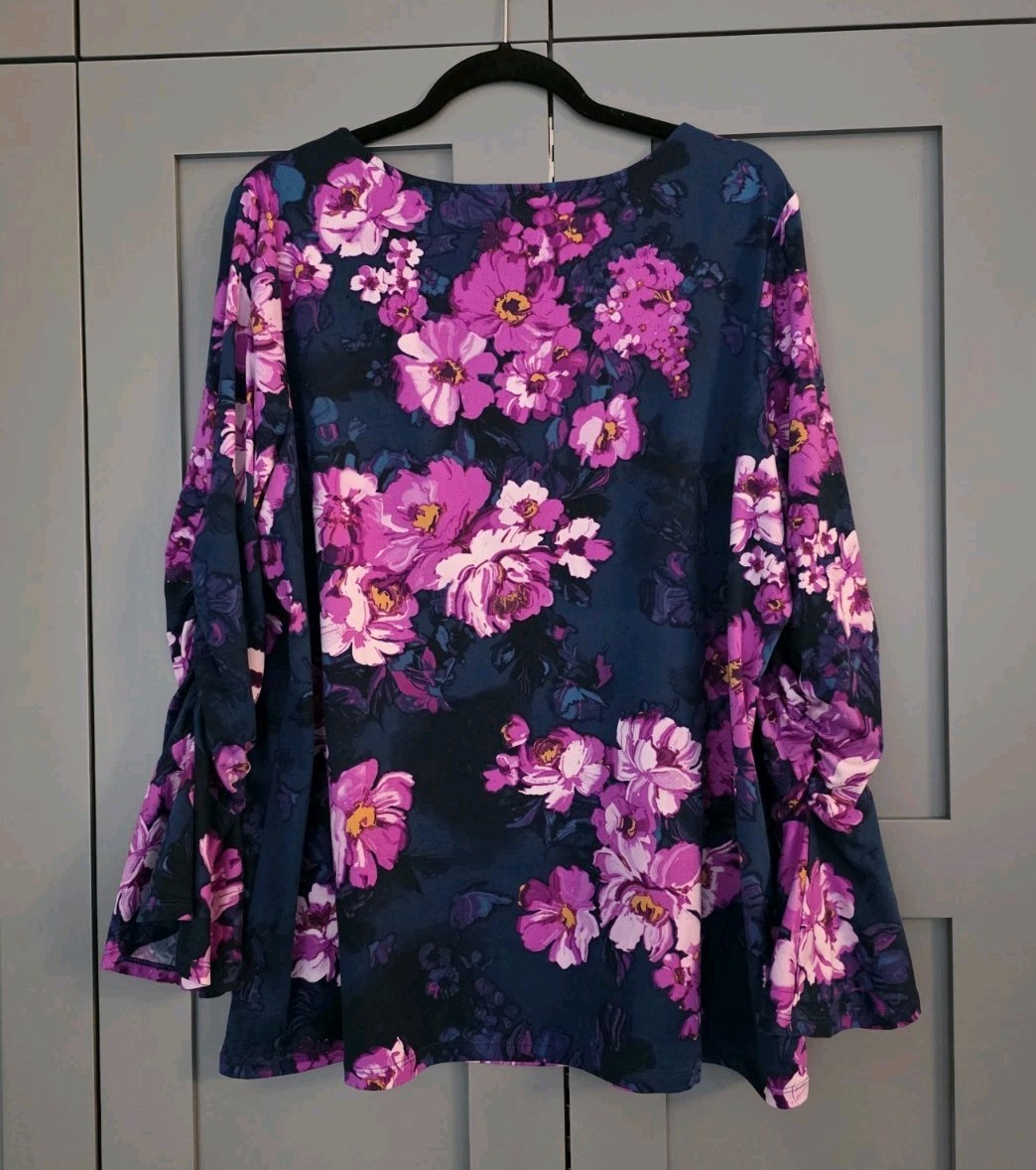 Susan Graver Deep Blue Floral Blouse Bell Sleeves Sz 1X Whimsigoth Fairy Brushed