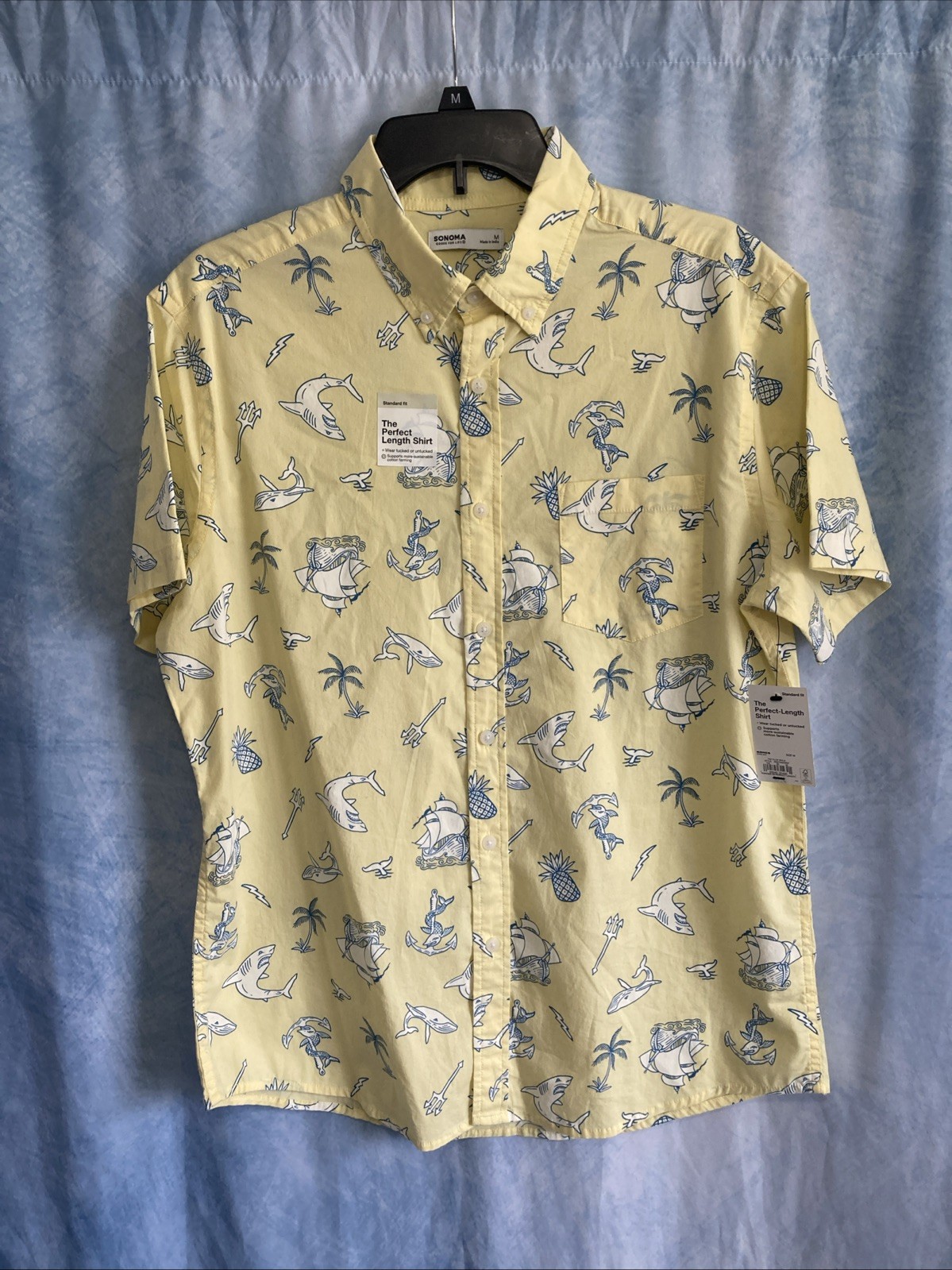 NWT Sonoma Goods For Life Men Medium Perfect Length Shirt Yellow Nautical Shark