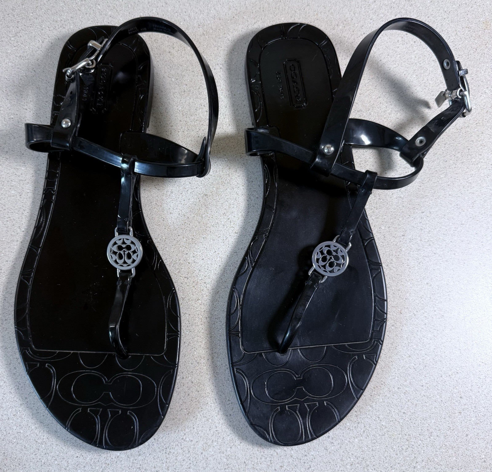 Coach Womens Pansy Sandals Size 10 Black Jelly T-Strap Thong Slingback Medallion