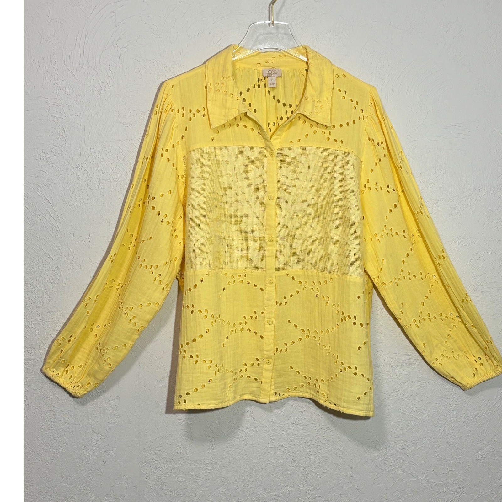 LOGO Lavish – Yellow Eyelet Lace Mesh Button Front Blouse Top Sz Extra Large