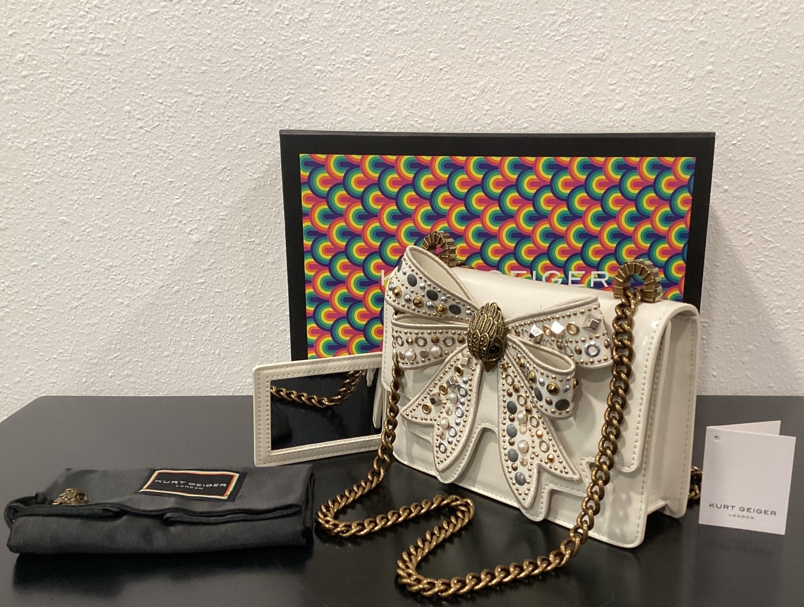 Kurt Geiger Small Shoreditch Bow Bone Leather Gems Studs 7.75″x5″x2.25″ Boxed