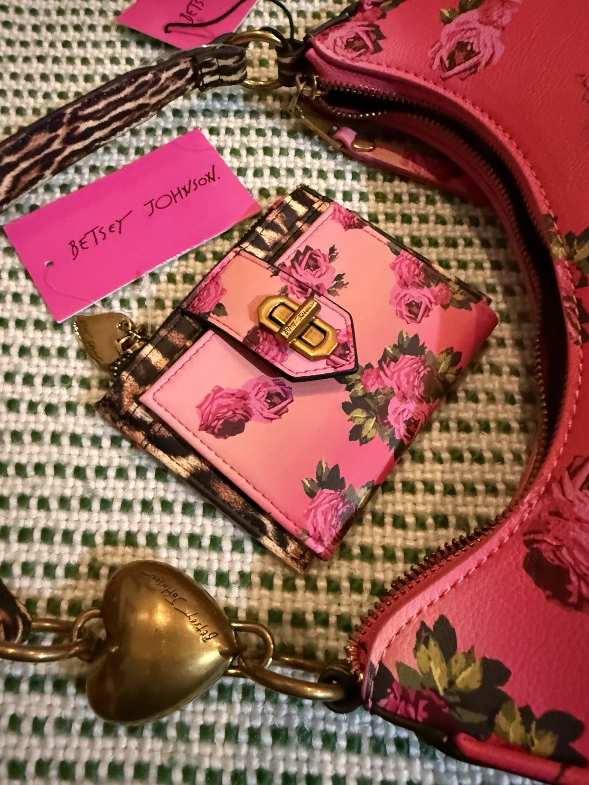 Betsey Johnson Pink Floral Crescent Shoulder Bag Zip Coin Purse