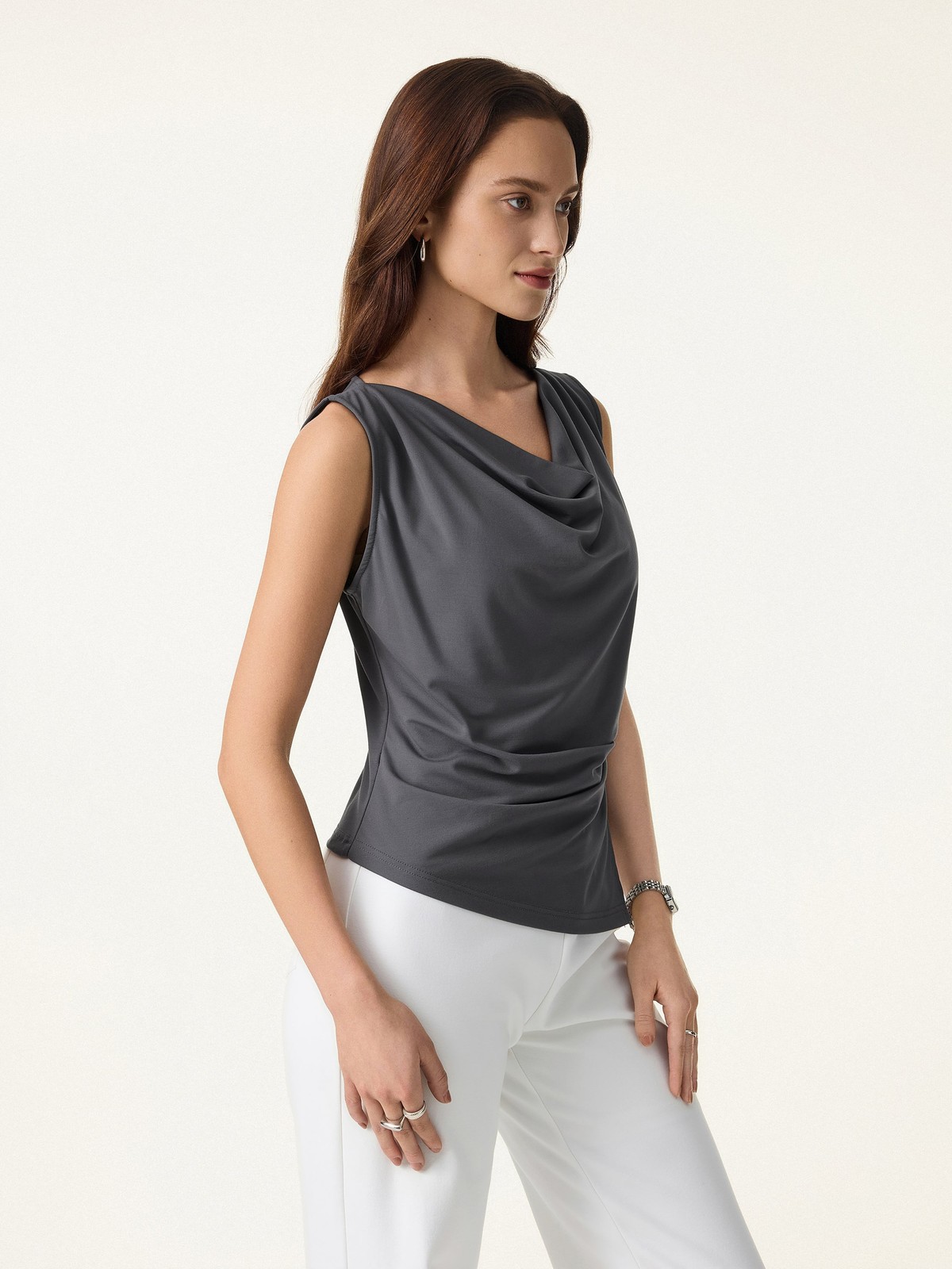 Cowl Neck Asymmetrical Tucked Sleeveless Top
