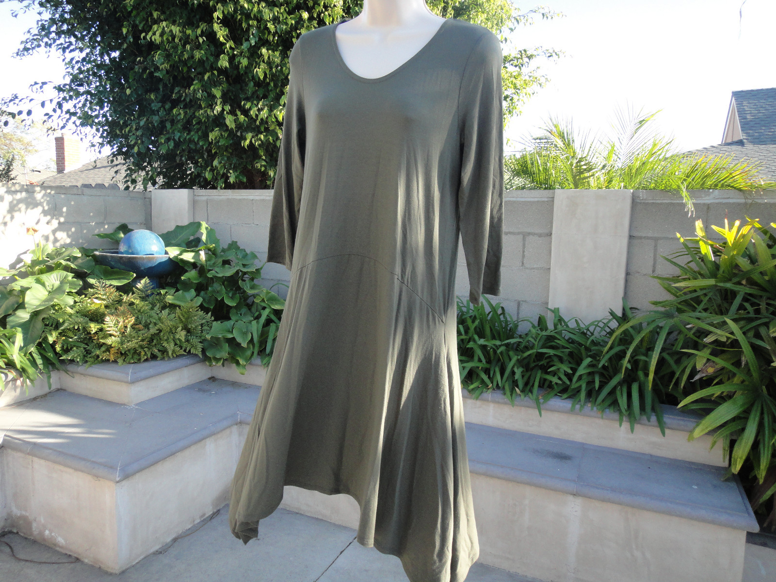 Eileen Fisher Scoop Neck Oregano Green Soft Dress, 95%Viscose 5%Spandex, X Small