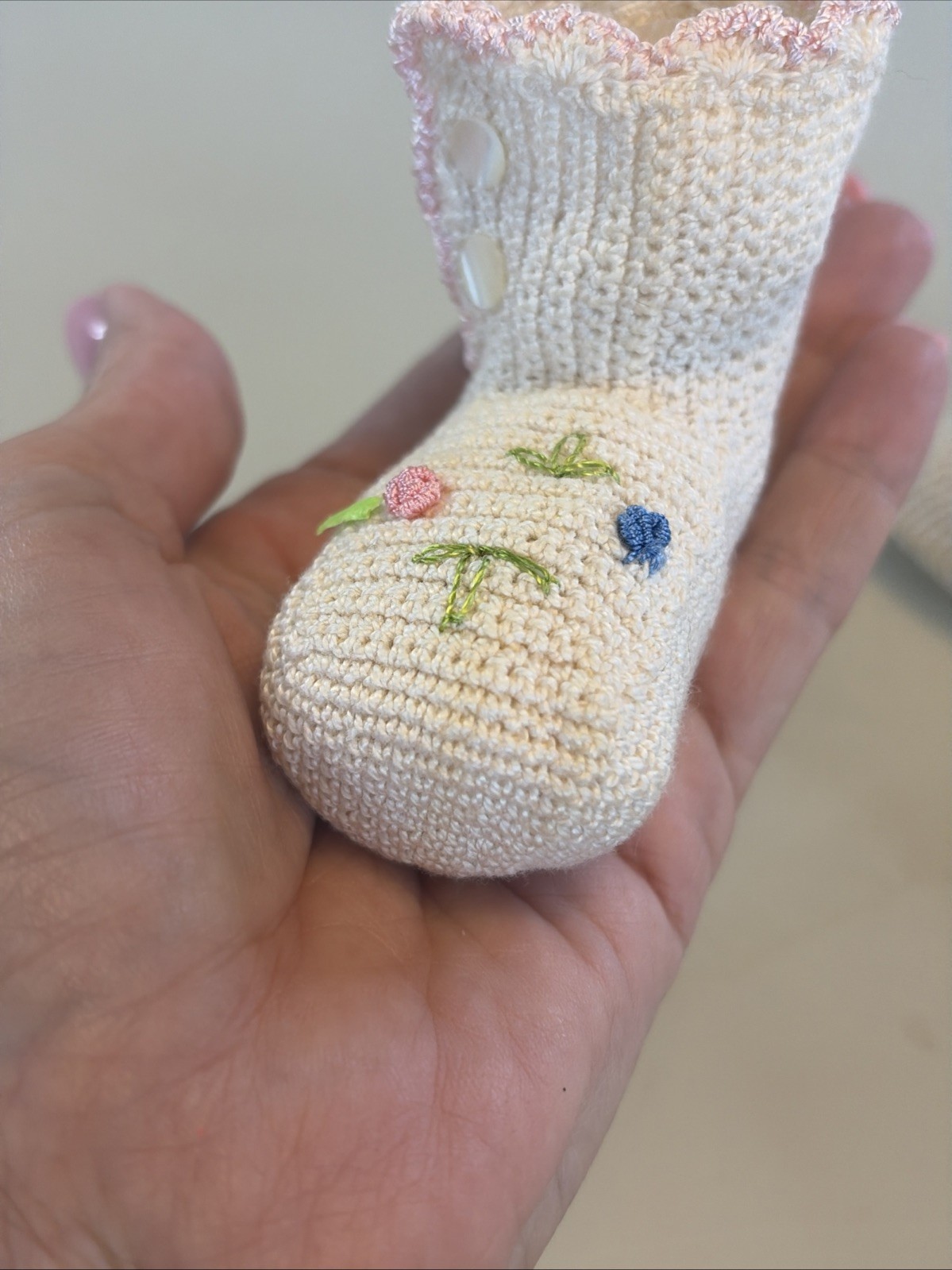Vintage Hand Crocheted Ivory Pink Blue Flower Infant Booties