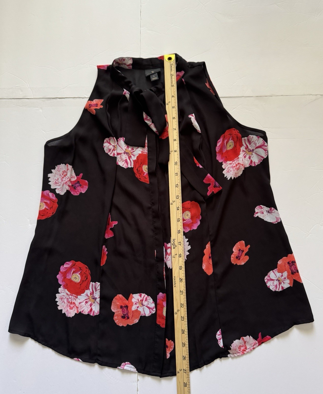 Worthington L Black Floral Tie Neck Sleeveless Blouse Poppy Peony Work Top Shirt